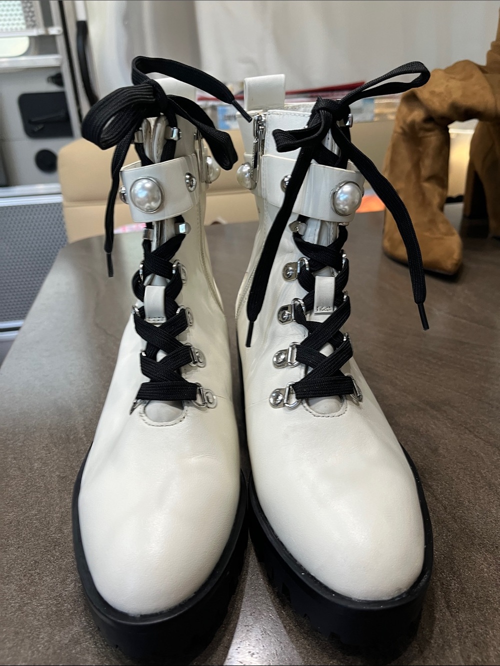 Women's White Lace-Up Pearl Accent Combat Boots, Karl Lagerfield